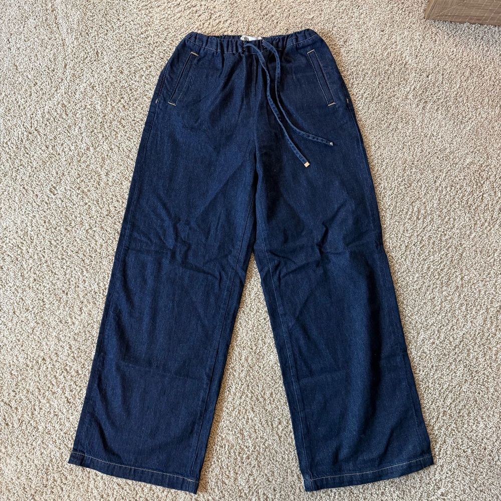 Zara Drawstring Dark Wash Wide Jean